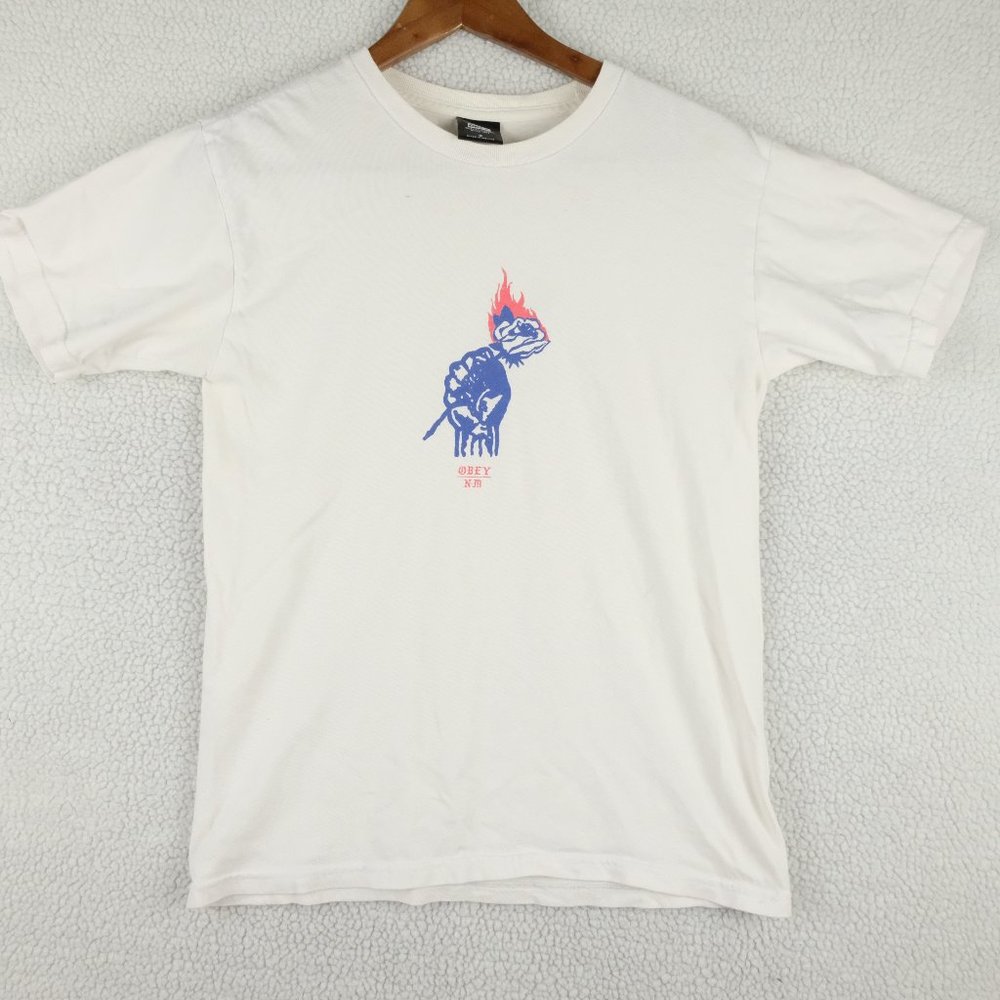 Obey T Shirt Womens Small White Blue Flame Rose Flower Streetwear Crew